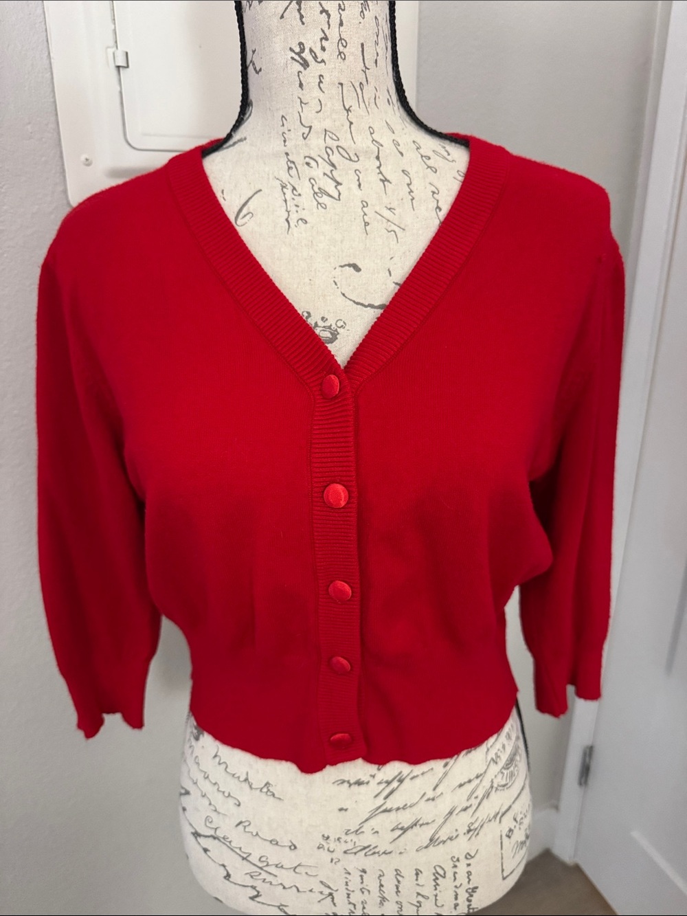 Cropped Red V-Neck Button-Front Women's Cardigan